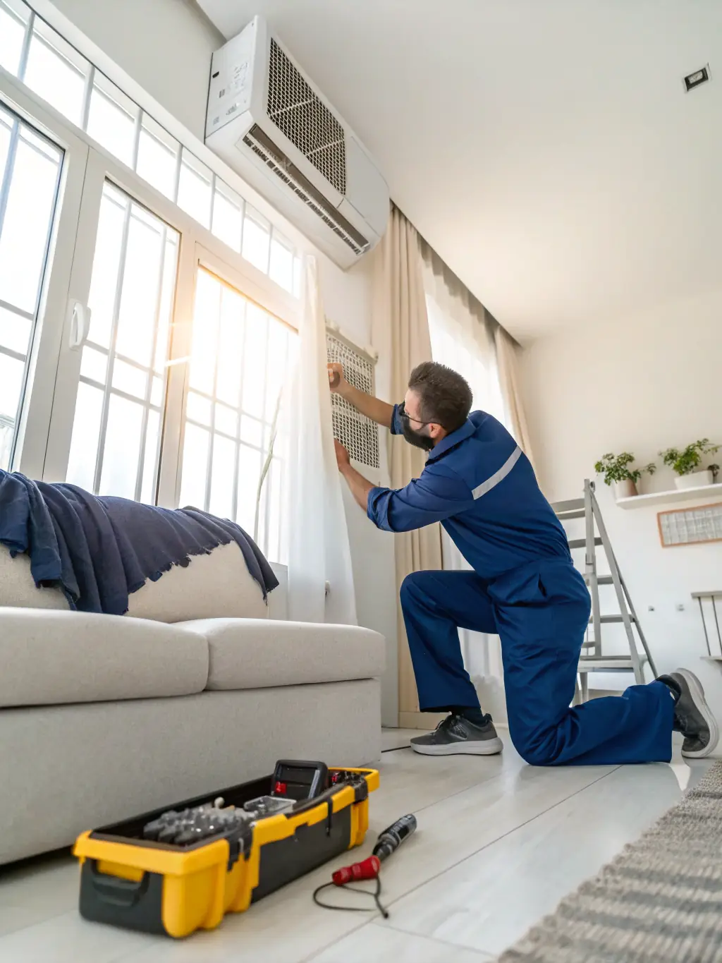 A photograph of a worried homeowner looking at a broken air conditioner unit, emphasizing the potential cost of unexpected repairs.